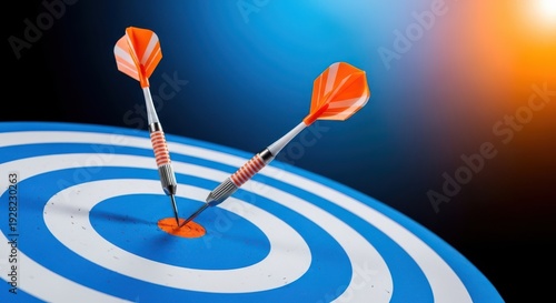 Two darts hitting a blue and white target board with orange tips