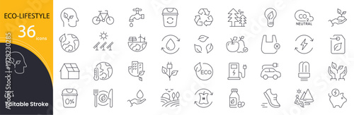 Eco Lifestyle icon set. Sustainable living and green habits related line icons. recycling, solar energy, biking, organic food, eco-friendly products, conservation, nature, zero waste and green home.