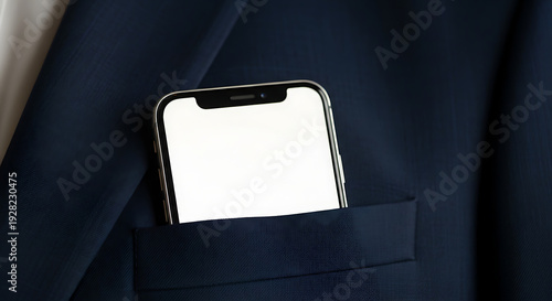 A smartphone with a blank screen is placed in the pocket of a navy blue suit jacket worn by a person