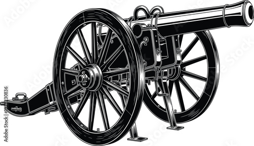 Antique field cannon with wooden wheels detailed engraving isolated on white background vintage military artillery vector illustration