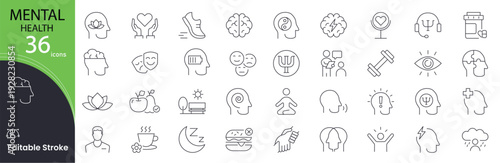 Mental Health icon set. Wellness and psychology related line icons: brain, therapy, stress, support, self-care, mindfulness, meditation, depression, counseling and emotion . Editable stroke. 
