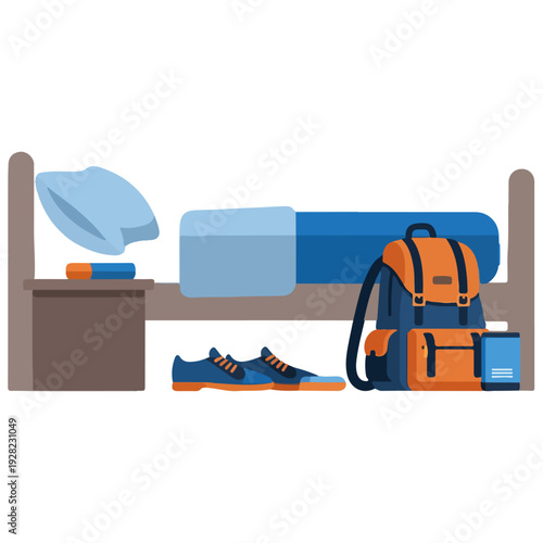 Bed, Backpack, and Sneakers Flat Illustration Vector