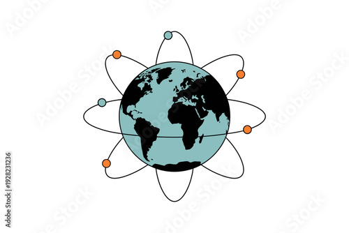 Earth globe illustration with colorful orbiting electrons in space