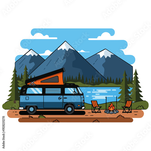 Camping Van and Mountain Landscape Illustration Vector