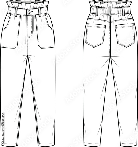 Women's high waisted paperbag pants technical fashion sketch, front and back views, elastic ruffled waistband trousers CAD drawing flat vector illustration.