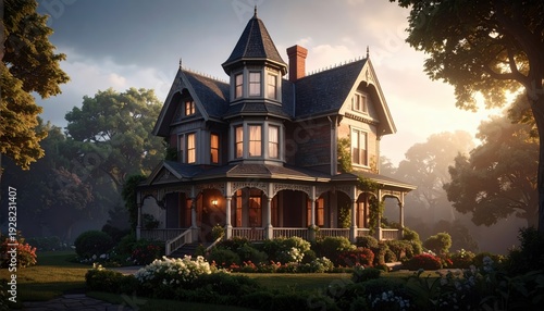 Picturesque Victorian House with Lush Garden at Golden Hour, Serene Ambiance