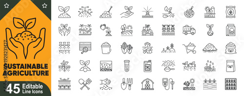 Sustainable agriculture and soil health line icons set. Organic farming, Eco, compost management, land conservation. Editable stroke vector collection.