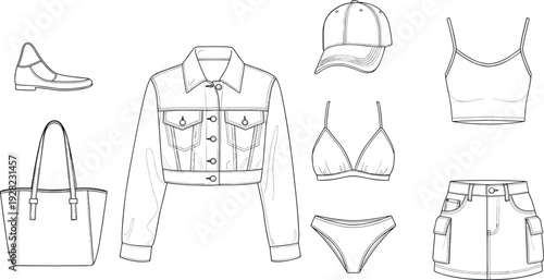 Women's summer fashion outfit collection technical sketch, cropped denim jacket, cargo skirt, camisole top, baseball cap, tote bag, bikini set, flat shoes CAD drawing flat vector illustration.