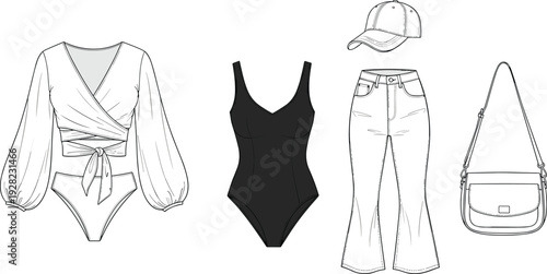Women's summer fashion outfit collection technical sketch, wrap top, flare jeans, bodysuit, baseball cap, crossbody bag, CAD drawing flat vector illustration.