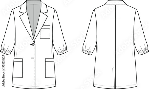 Women's longline single breasted blazer technical fashion sketch, front and back views, tailored jacket with patch pockets CAD drawing flat vector illustration.