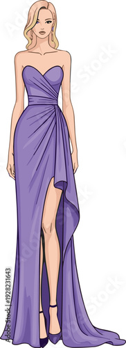 Elegant women's purple strapless sweetheart evening gown fashion illustration, floor length formal dress with high slit cad drawing flat vector illustration.