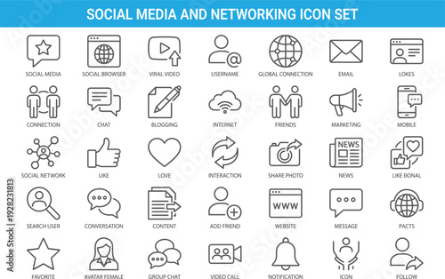 Social media and networking icon set, chat interaction symbols, online marketing, viral content, messaging, community vector outline collection pack