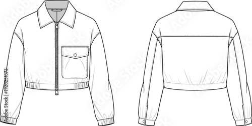 Women's casual cropped bomber jacket technical fashion sketch, front and back views, zip up utility coat with pocket CAD drawing flat vector illustration.