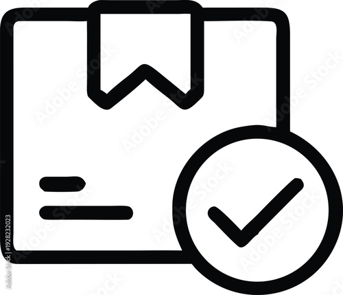 Flat line icon portraying a delivery package box alongside a confirmed checkmark symbol