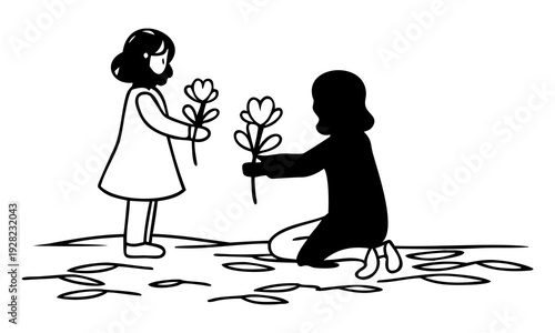 A girl and a boy exchanging flowers