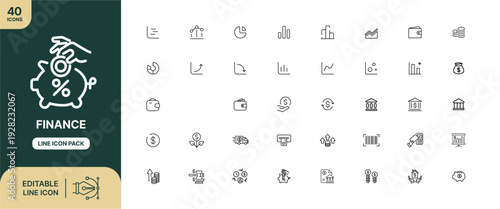 Essential collection of 40 editable line icons representing diverse financial assets, banking operations, investment strategies, and economic growth concepts for modern business visuals