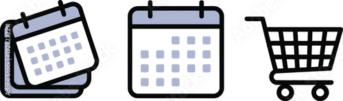 Calendar icons and shopping cart icon represent planning and purchasing.