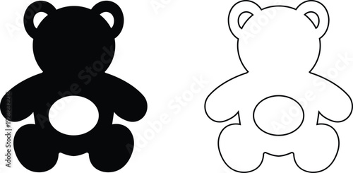 teddy bear vector set collection group with cute toy silhouette and outline icons, baby nursery plush mascot symbol isolated on transparent background, editable minimalist design