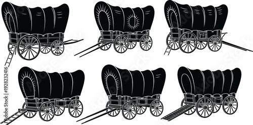 Set of vintage covered wagons with wooden wheels isolated on white background western pioneer transport vector illustration