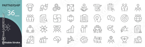 Partnership icon set. Business and collaboration related line icons  handshake, contract, teamwork, agreement, cooperation, support, alliance, deal, communication, strategy and more. Editable stroke. 