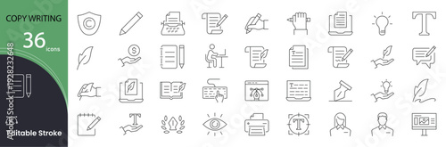 Copywriting icon set. Content creation and marketing related line icons: writing, keyboard, idea, text, SEO, advertising, blog, headline, editing, creativity and more. Editable stroke.