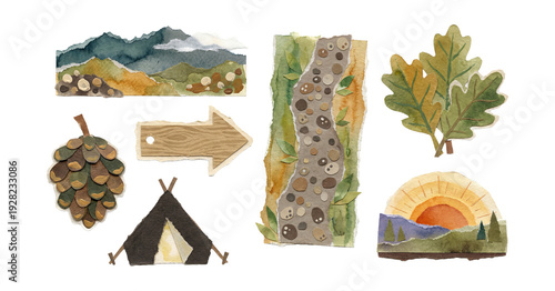 Torn paper watercolor nature hike scraps .