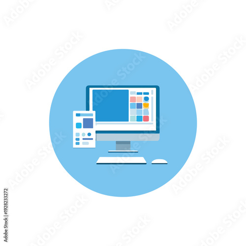 Computer Monitor and Mobile App Flat Design Vector Illustration