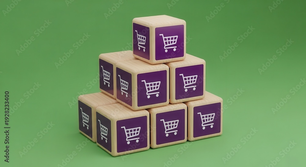 Fototapeta premium Stacked wooden blocks with shopping cart icons on purple faces arranged in a pyramid formation against a green background for business and technology concepts