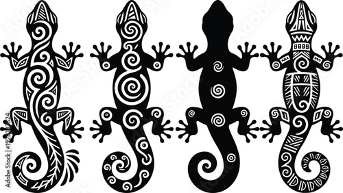 Tribal gecko lizard tattoo collection, ornamental reptile silhouettes with ethnic patterns, black decorative vector isolated on white background