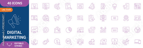 Digital Marketing Icons Set. digital marketing, social media, SEO, search engine, content marketing, email marketing, analytics, advertising, branding and etc. Editable stroke. Vector illustration