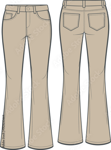 ArtHigh Quality Technical Sketch of Women High Waisted Khaki Flare Jeans Front and Back View Fashion Illustration Template for Design Tech Pack and Apparel & Illustration