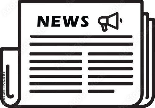 Black and white outline newspaper icon with 'NEWS' text and a megaphone symbol on the front page, isolated on white background