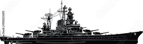 Battleship silhouette vector illustration, detailed naval warship with heavy artillery guns, military navy vessel side view, black and white maritime defense design