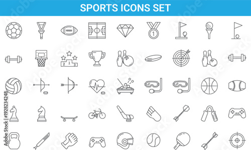 Sports icons set, balls, trophies, fitness equipment, gaming gear, training tools, healthy lifestyle, line vector illustration collection design