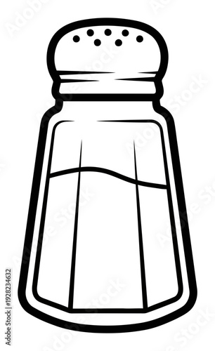Simple black and white line art icon representing a classic kitchen salt shaker ready for seasoning culinary dishes during food preparation