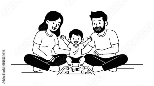 Simple outline drawing depicts a small family unit sitting closely together on the ground sharing a quiet intimate moment emphasizing togetherness and gentle parental guidance in a minimalist style.