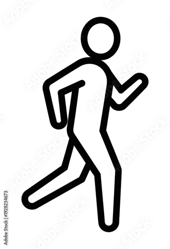Minimalist line art icon depicting a stick figure human shape actively running suggesting motion speed emergency exit or forward progress in a simple outline style
