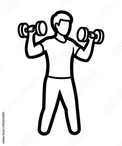 Simple line art icon depicting a person performing dumbbell curls to build upper body strength during a dedicated weightlifting workout session at the gym