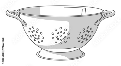 Simple black and white vector illustration of a classic metal kitchen colander with handles designed for draining pasta and washing vegetables during food preparation