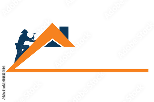Roofer Silhouette Hammering on House Roof with Orange and Blue Colors