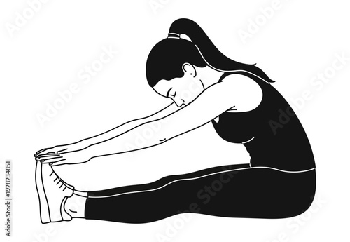 Silhouette of a female performing seated forward bend yoga pose demonstrating deep stretching for hamstrings and lower back muscles in isolation
