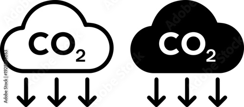 Carbon dioxide CO2 cloud icons in black and white with downward arrows