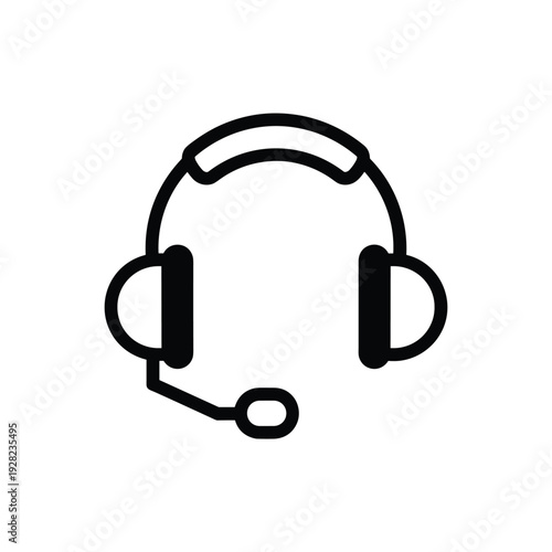 Black icon of headset with microphone on white background