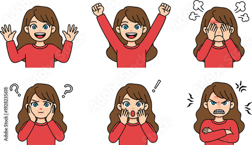Cute girl emoji character set showing happy surprised confused angry and shy facial expressions isolated flat vector illustration