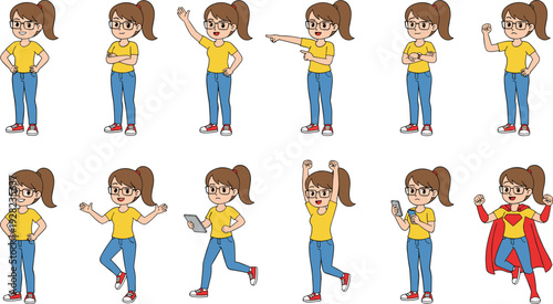 Cute Girl Character Set with Glasses Showing Different Poses, Gestures and Emotions, Full Body Cartoon Illustration Collection Isolated on Light Background