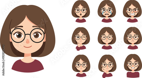 Cute Girl with Glasses Face Expression Set Showing Different Emotions and Reactions, Cartoon Portrait Collection Isolated on Light Background