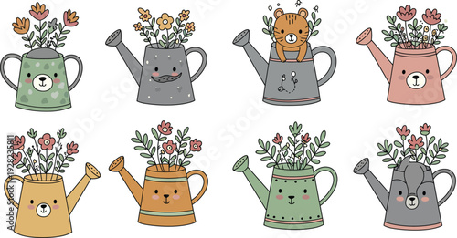 Cartoon vector illustration set featuring decorative flowers, birds, and plants alongside a teapot and coffee cup for a cozy cafe drink design