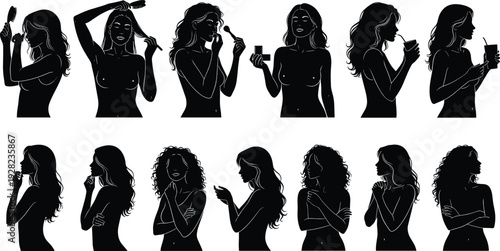 Woman beauty routine silhouettes set with makeup application, hair styling and cosmetic gestures isolated vector illustration