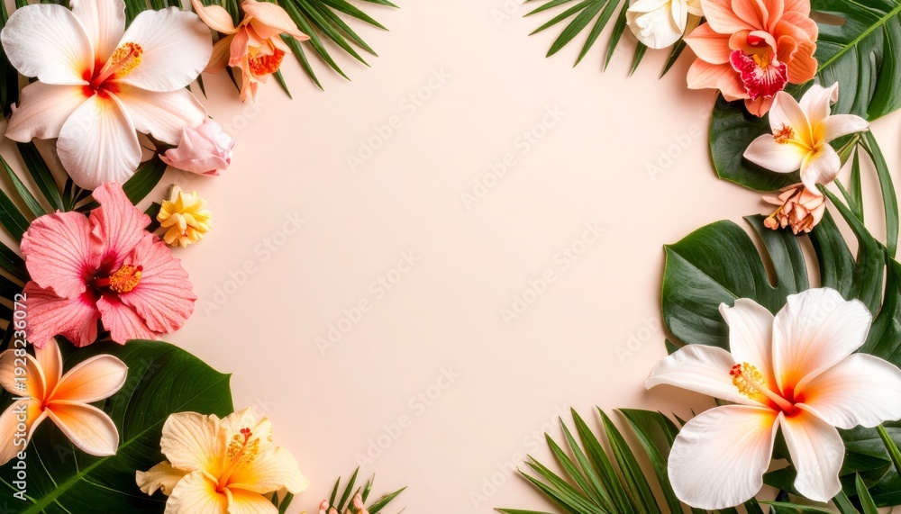 Fototapeta premium Exotic flowers and palm leaves on a light background with space for text