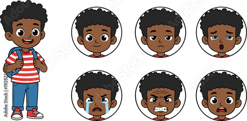 Cute black boy character with multiple facial expressions set including happy sad angry crying and surprised emotions isolated flat vector illustration